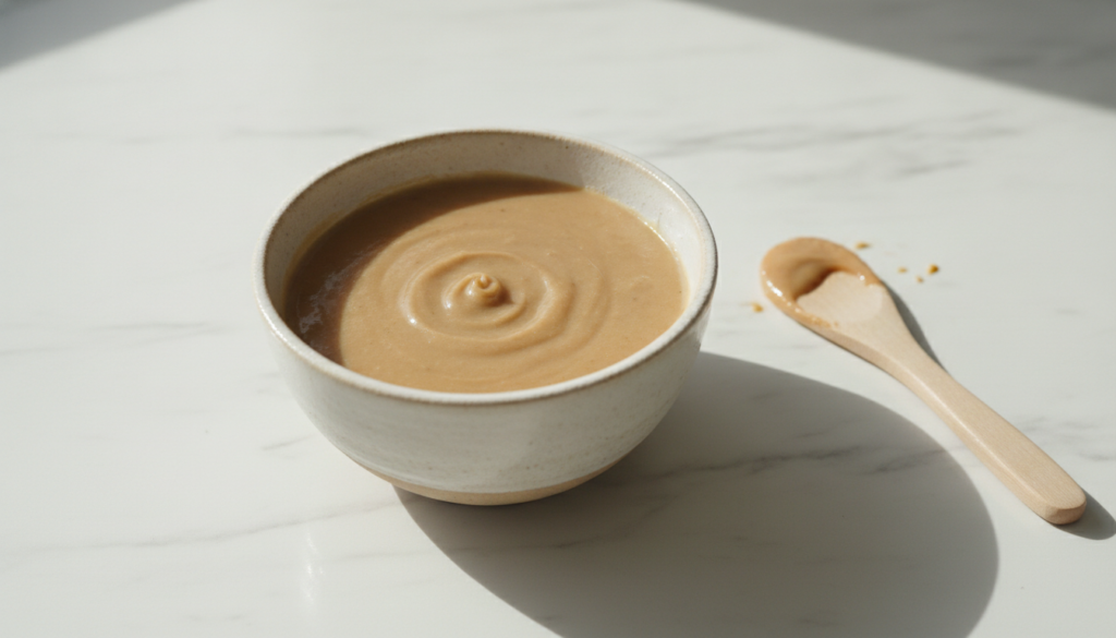 A beautifully plated bowl of the prepared banana peel baby oil and clove paste ready for application with a small spatul