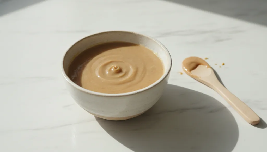 A beautifully plated bowl of the prepared banana peel baby oil and clove paste ready for application with a small spatul