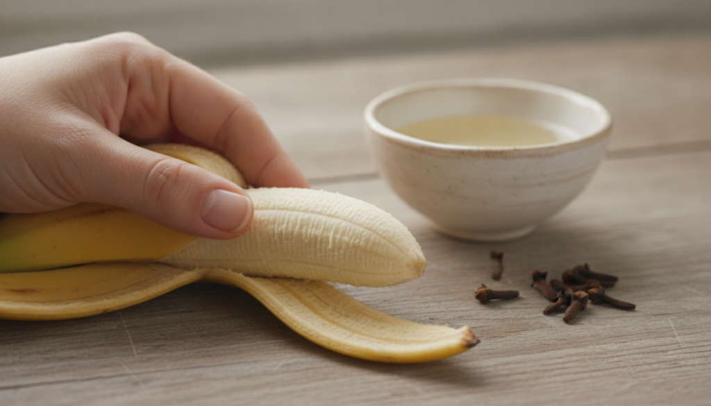 A close-up shot of a hand holding a ripe banana peel with a small bowl of baby oil and a few cloves in the background su