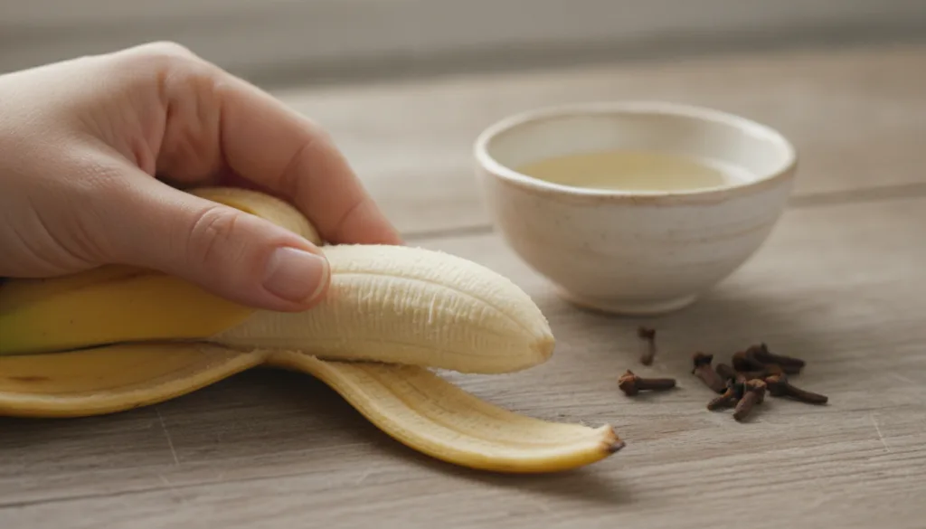 A close-up shot of a hand holding a ripe banana peel with a small bowl of baby oil and a few cloves in the background su