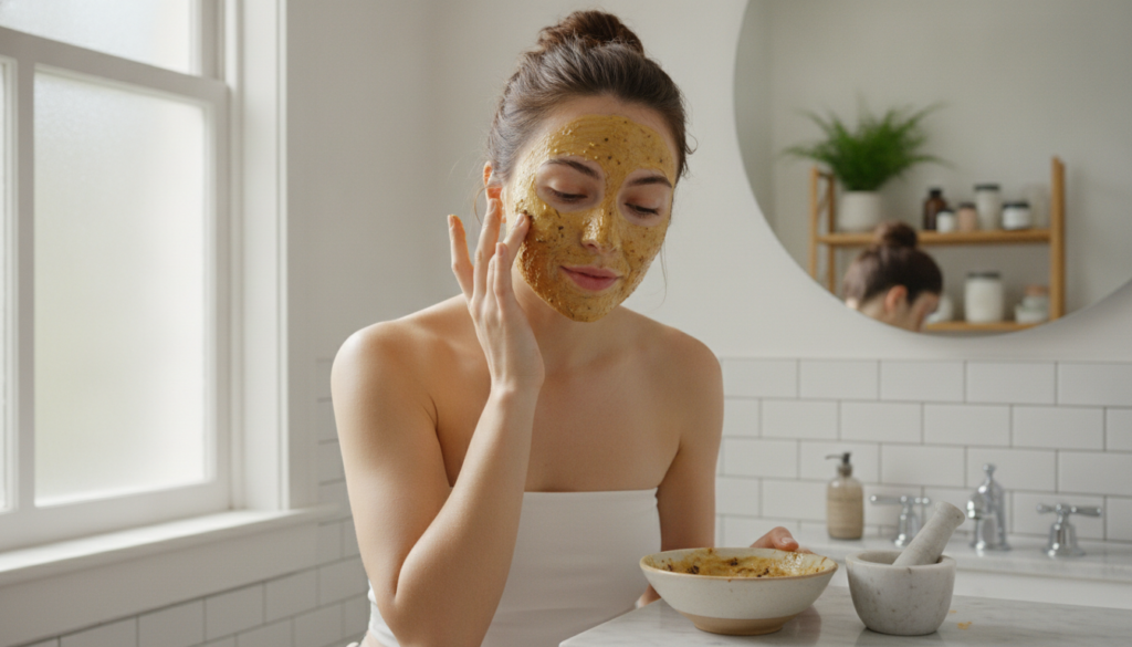 A woman gently applying a homemade banana peel and clove mixture to her face with a soft natural glow on her skin She is