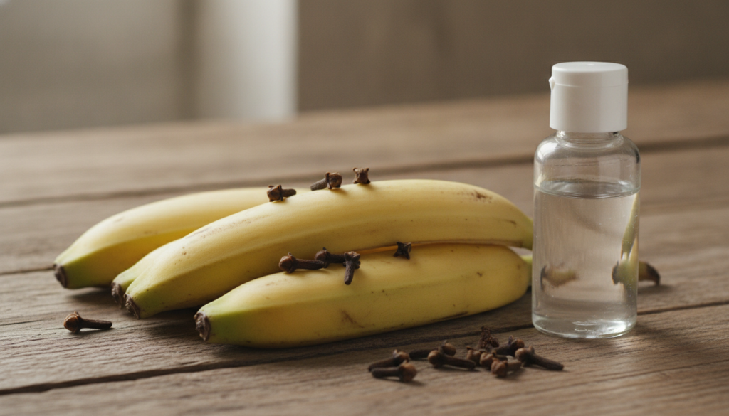 A close-up shot of fresh banana peels dried cloves and a small bottle of baby oil arranged aesthetically on a rustic woo