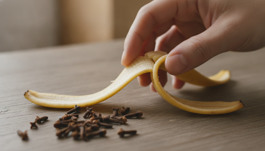 A close-up shot of a hand holding a ripe banana peel with a few cloves scattered next to it on a wooden surface suggesti
