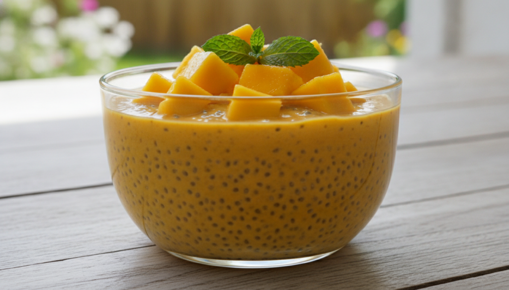 A beautiful bowl of creamy vegan mango chia pudding garnished with fresh mango cubes and a sprig of mint set on a light 