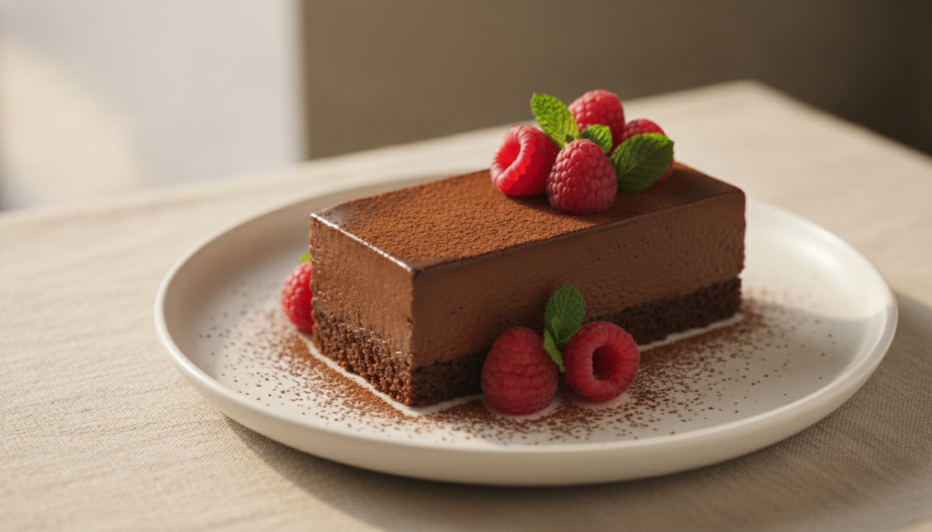 A beautifully presented rich vegan chocolate dessert possibly a mousse or a fudgy bar garnished with fresh berries or a