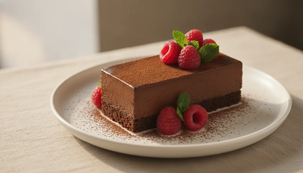 A beautifully presented rich vegan chocolate dessert possibly a mousse or a fudgy bar garnished with fresh berries or a