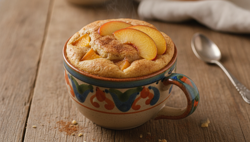 A warm freshly baked vegan peach yogurt mug cake in a colorful ceramic mug garnished with a few fresh peach slices and a
