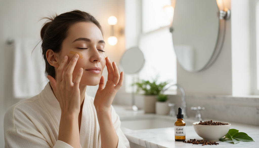 A woman gently massaging homemade clove oil onto her face focusing on areas with fine lines in a well-lit bathroom or be