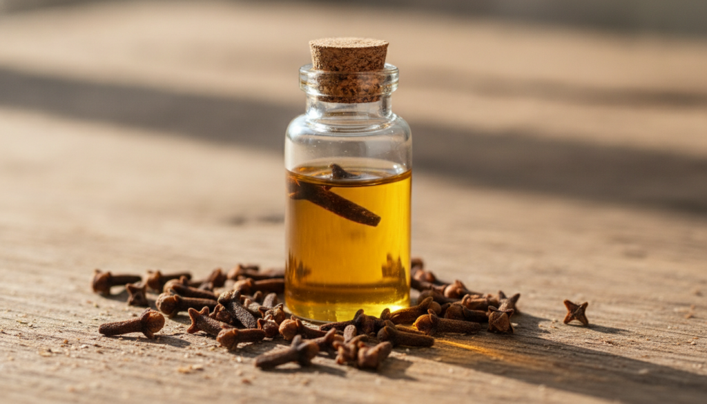 A small glass bottle of homemade clove oil with whole cloves scattered around it on a rustic wooden surface with soft na