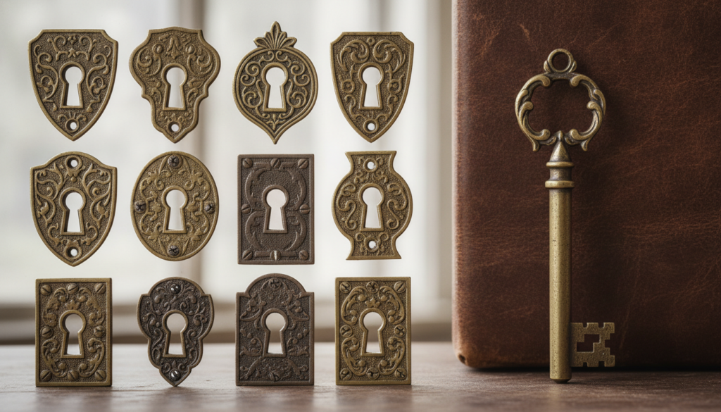An image featuring multiple distinct keyholes arranged in a grid or row with one keyhole clearly matching a specific key