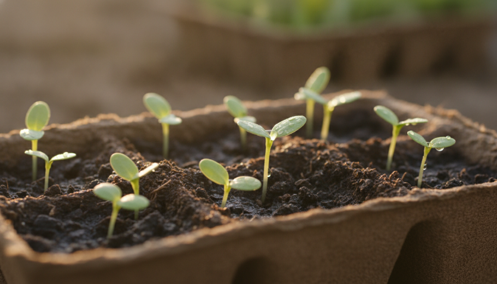 Close-up of tiny green seedlings with cotyledons emerging from dark moist soil in a seed-starting tray illuminated by so