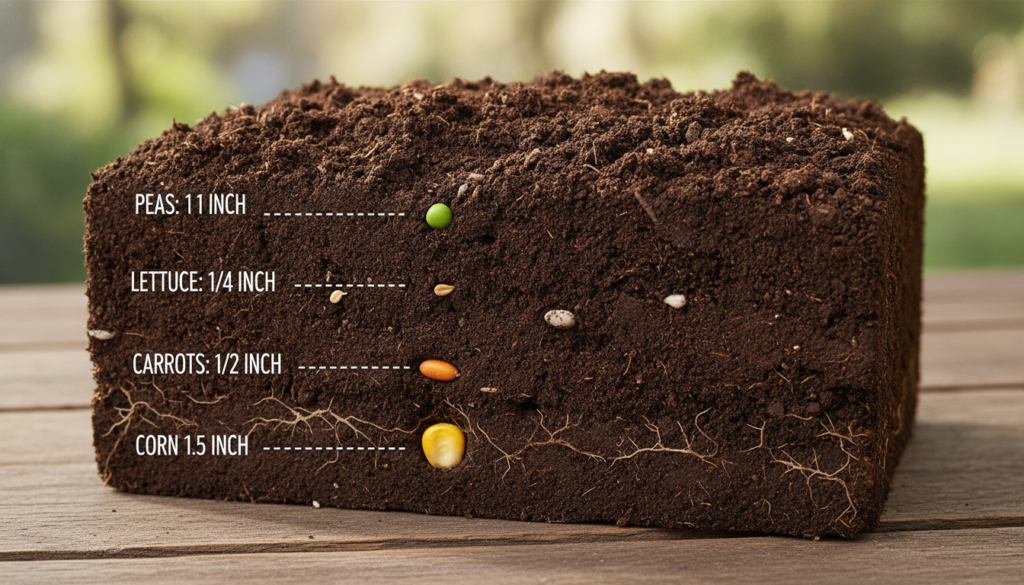 An infographic showing various common vegetable seeds e g peas lettuce carrots corn with lines indicating their ideal pl