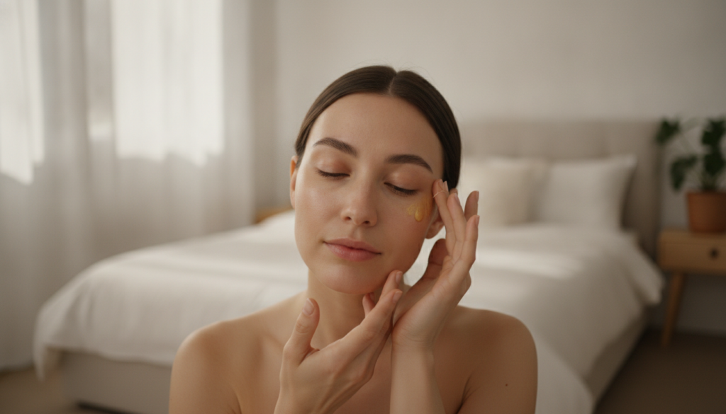 A woman gently massaging a golden-tinted oil onto her face looking relaxed and happy Her skin appears soft and radiant T