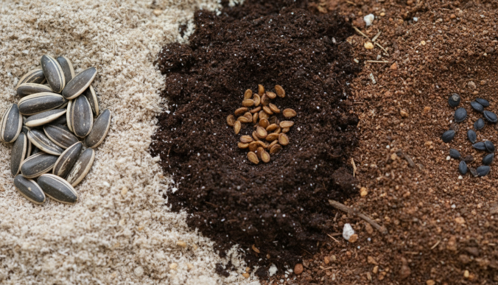 A close-up of various seeds nestled in different types of soil with small labels indicating seed starting mix potting mi