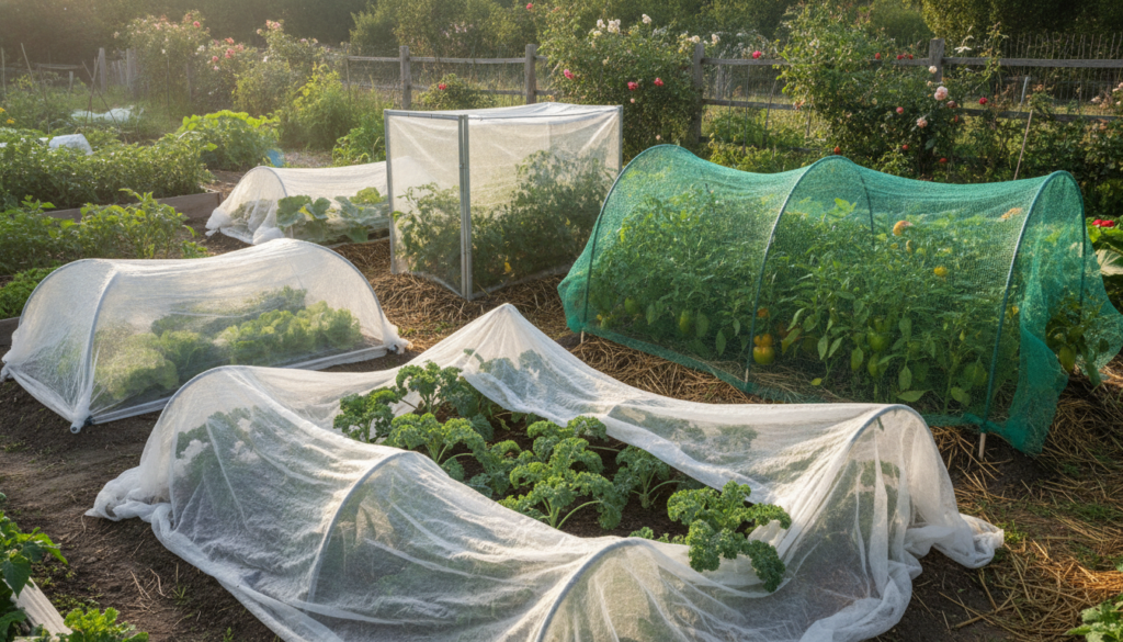 A variety of garden covers in use showing floating row covers over vegetable beds a small cloche over a young plant and