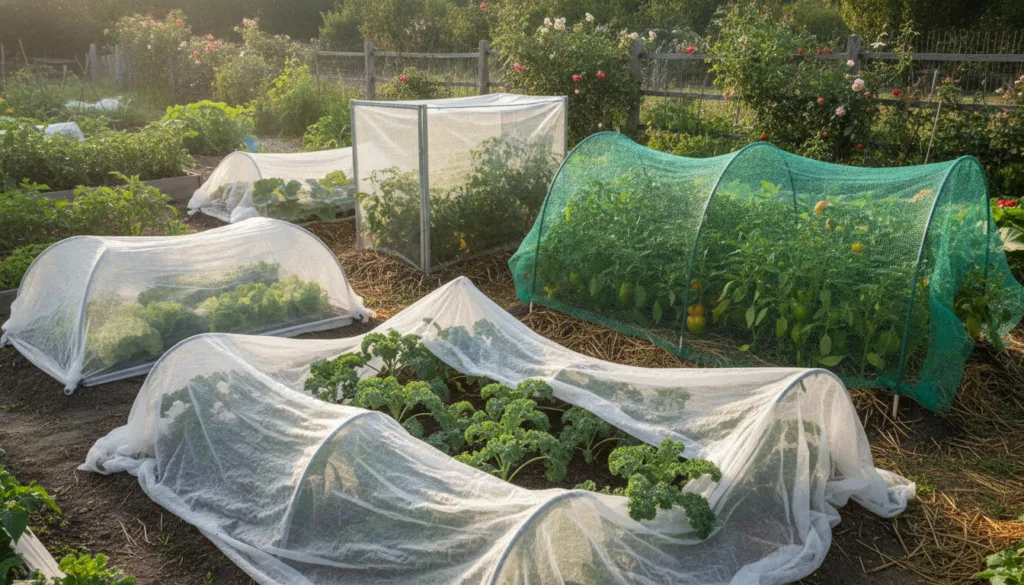 A variety of garden covers in use showing floating row covers over vegetable beds a small cloche over a young plant and