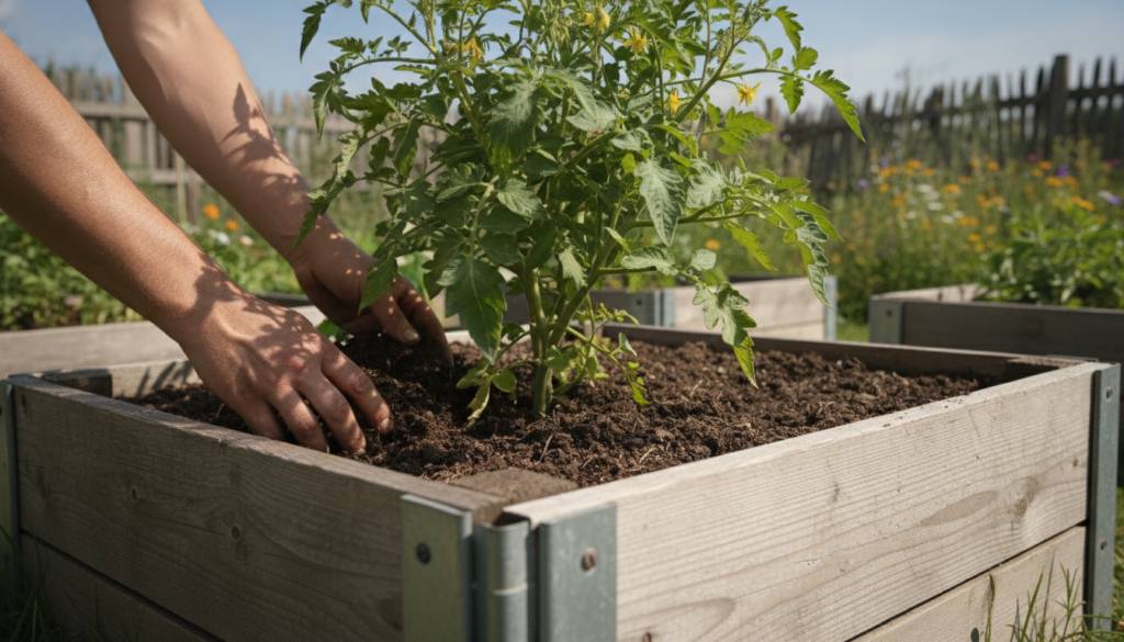A gardener carefully adding compost around the base of a healthy plant in a raised garden bed demonstrating proper appli