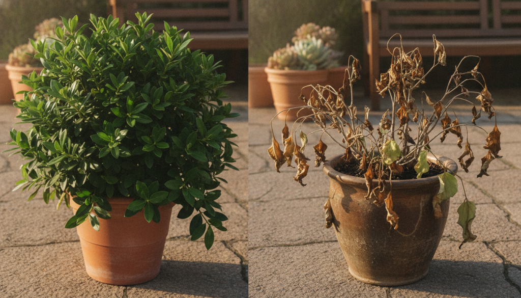 A visual comparison of a healthy vibrant plant next to a struggling over-fertilized plant showing signs of leaf burn or