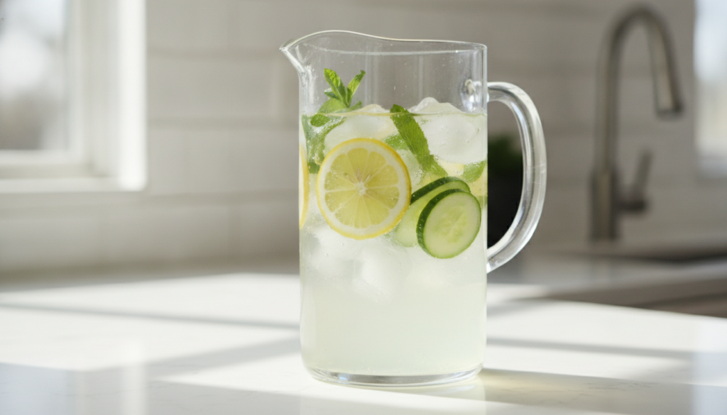 A clear glass pitcher filled with vibrant fruit-infused water showcasing slices of lemon cucumber and sprigs of mint wit