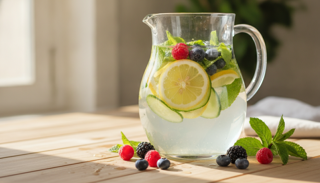 A clear glass pitcher filled with water and various colorful fruits and herbs such as sliced lemons cucumbers mint leave