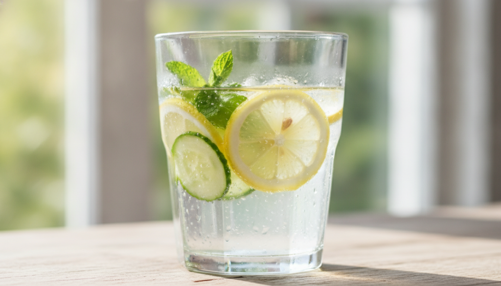 A close-up of a glass filled with lemon and cucumber slices and mint leaves in water with condensation on the glass The 