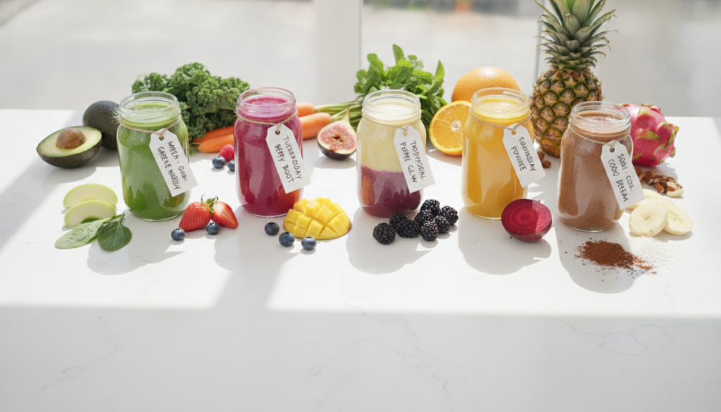 A visually appealing grid showing seven different colorful smoothies each labeled with a day of the week and a brief des