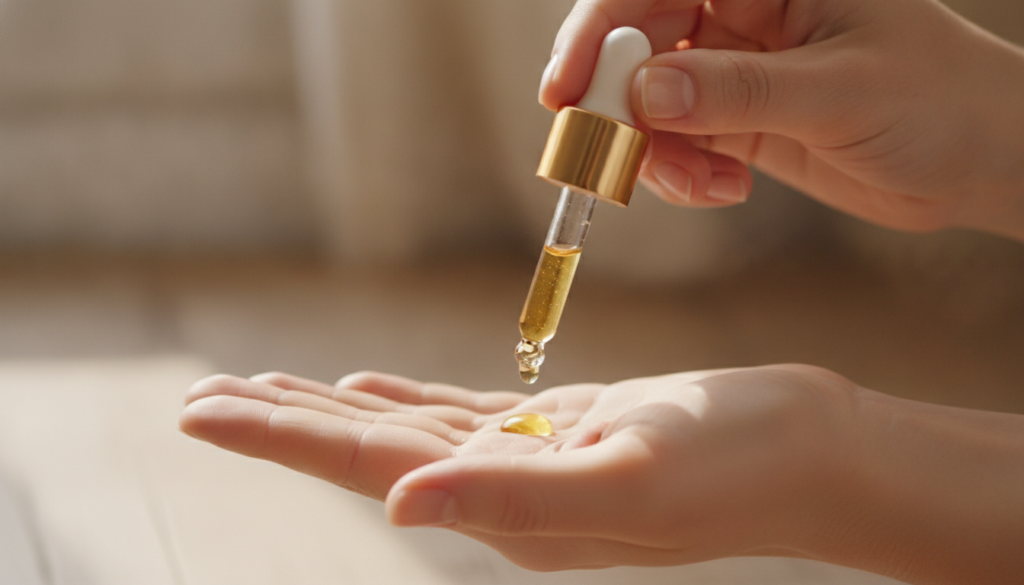 A person s hand holding a glass dropper bottle of homemade collagen oil dropping a single drop onto the back of the othe