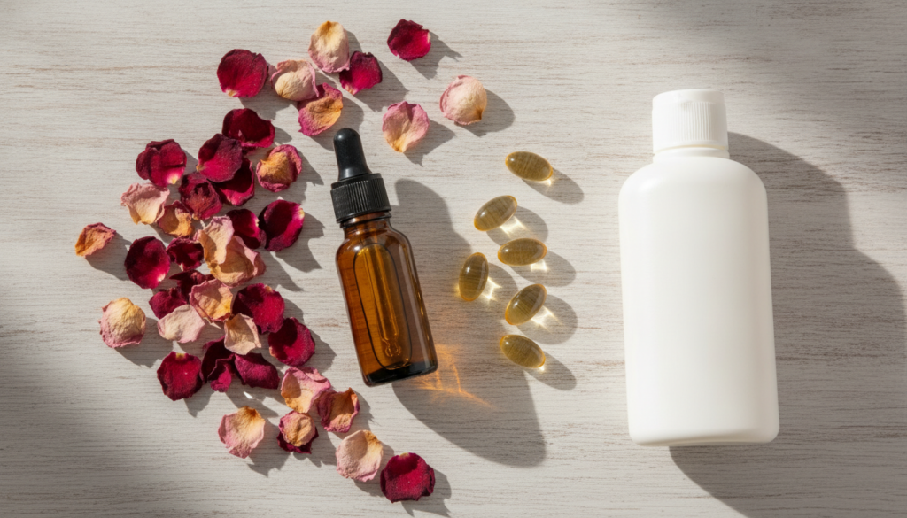A beautifully arranged flat lay of homemade collagen oil in a dropper bottle surrounded by natural ingredients like rose