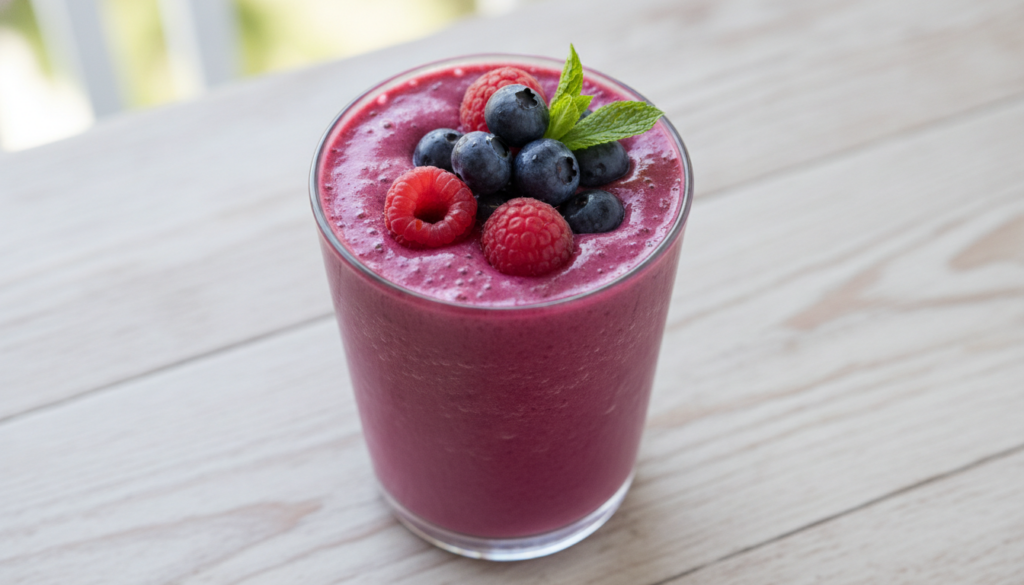 A close-up shot of a refreshing magenta-purple Berry Collagen Boost smoothie in a glass garnished with fresh berries blu