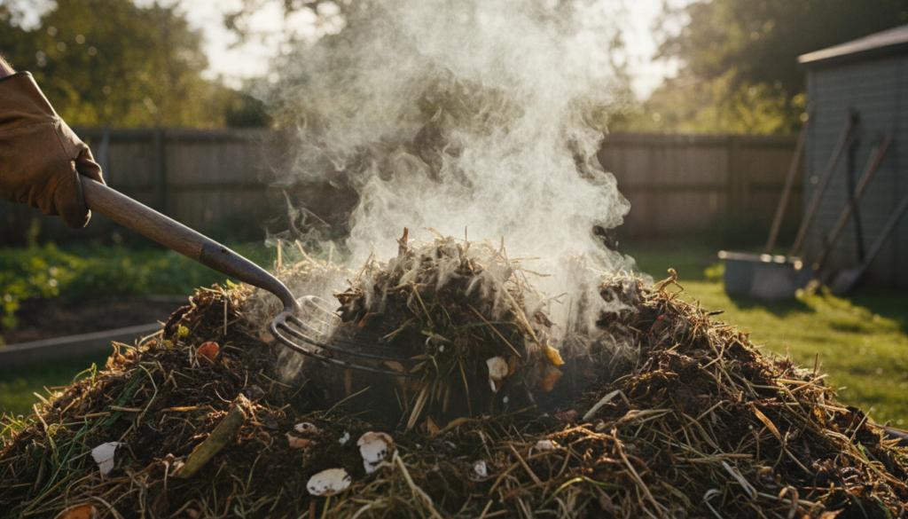 A close-up shot of a healthy active compost pile with visible organic materials breaking down steam rising slightly and 