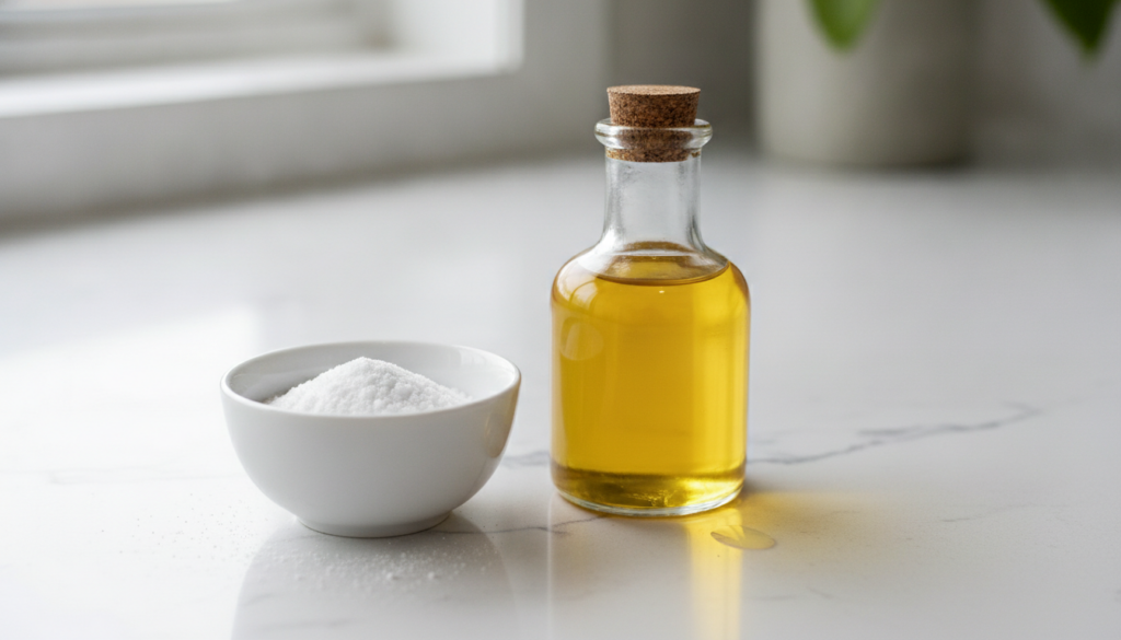 Close-up of baking soda and castor oil in small bowls ready for mixing
