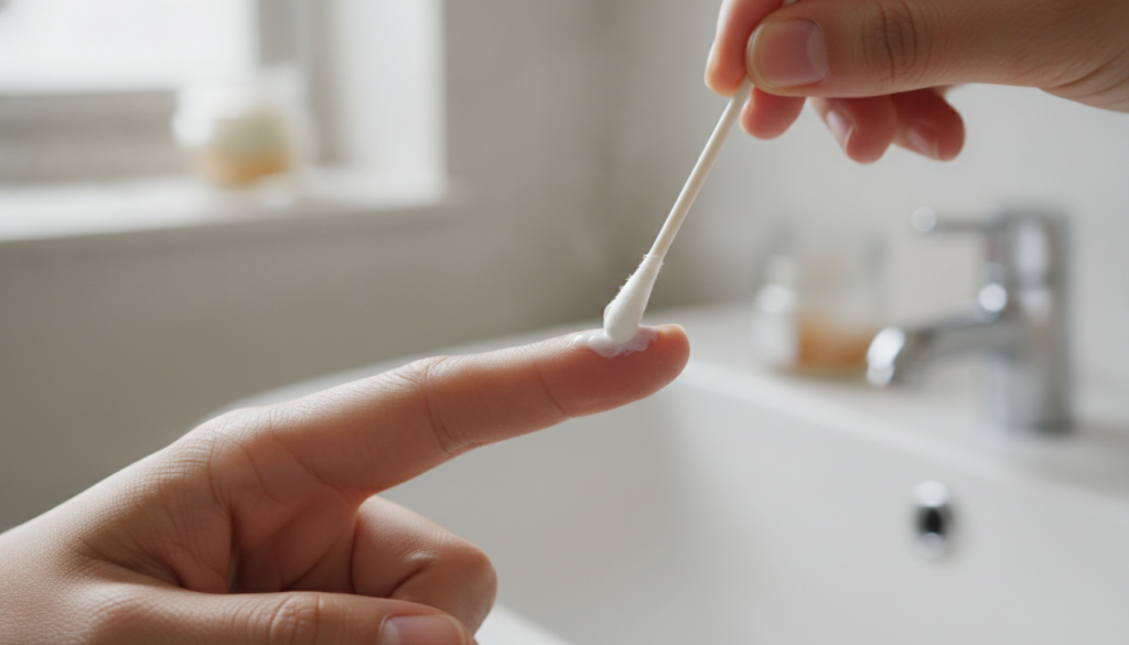 A hand applying white paste to a small wart on a finger with a cotton swab