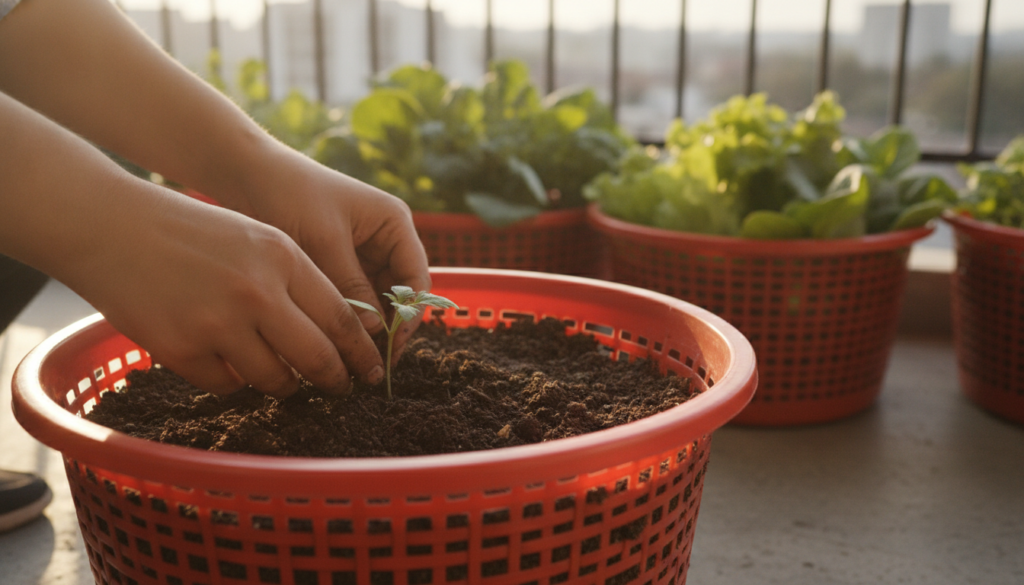 A close-up of a person s hands gently placing a small tomato seedling into a red laundry basket filled with potting mix 