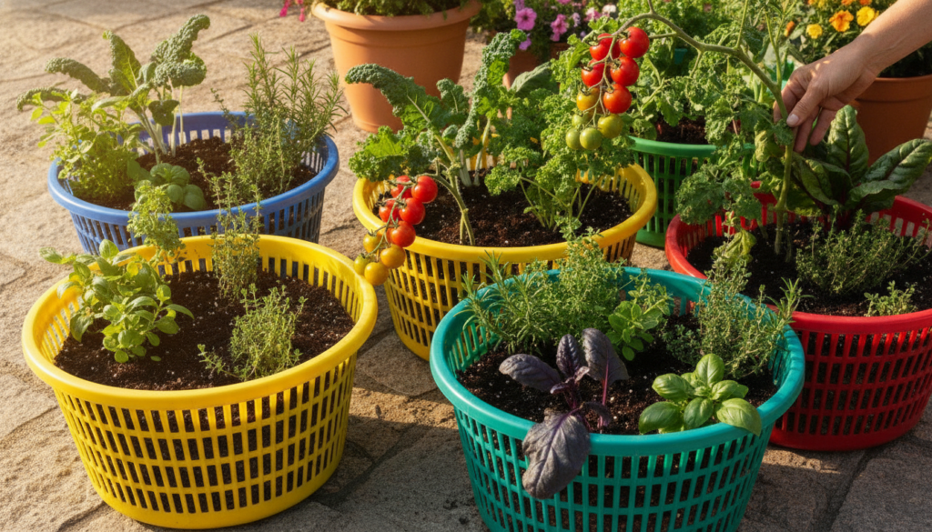 A vibrant collection of various vegetables such as cherry tomatoes leafy greens and herbs growing happily in several col