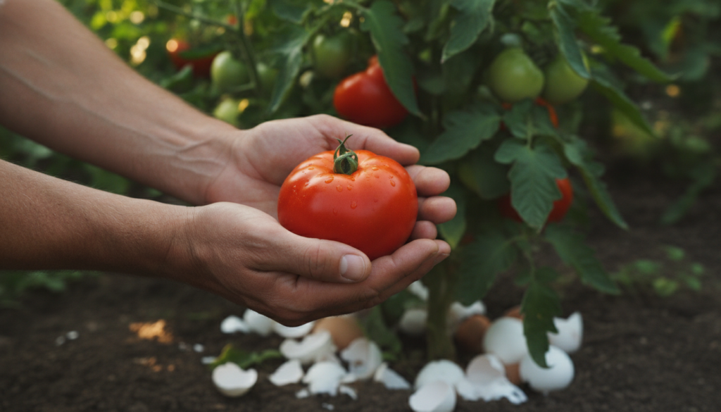 A gardener s hands holding a ripe red tomato next to a healthy tomato plant with eggshells visible around the base of th