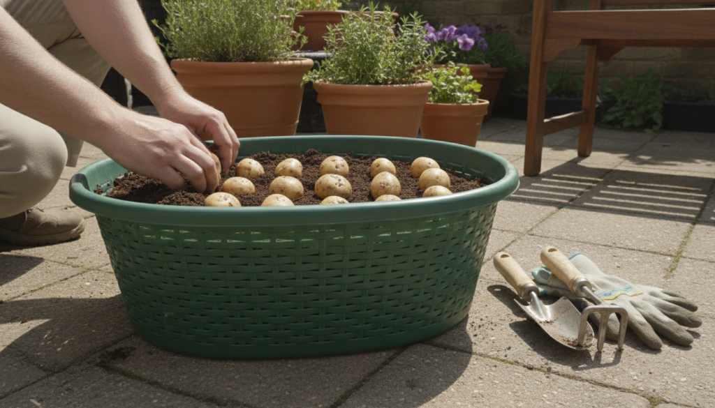 A garden scene showing a person setting up a laundry basket for growing potatoes filled with a layer of soil and seed po