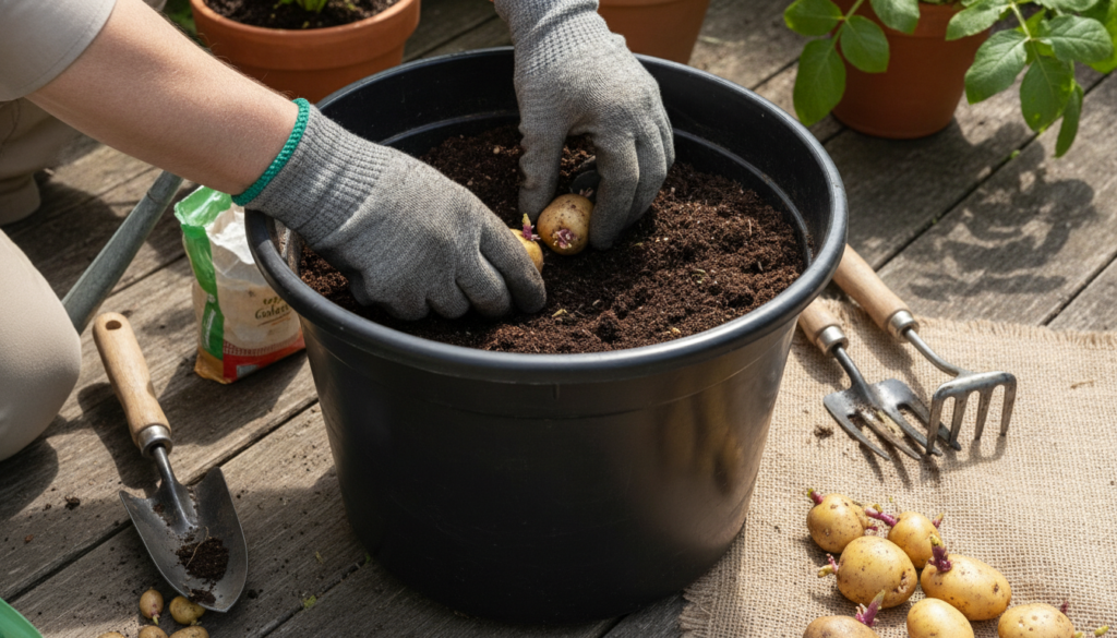 A gardener demonstrating how to plant seed potatoes in a 5-gallon bucket with gardening tools and bags of soil around th