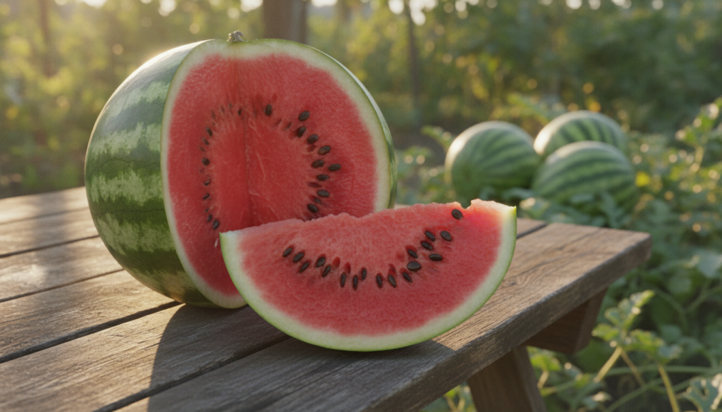 A vibrant ripe watermelon sliced open on a rustic wooden table in a sunny garden with some whole watermelons in the back