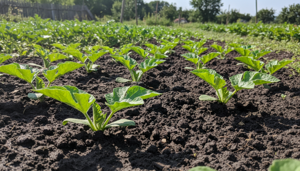 Small watermelon seedlings thriving in a well-prepared garden bed on a sunny day
