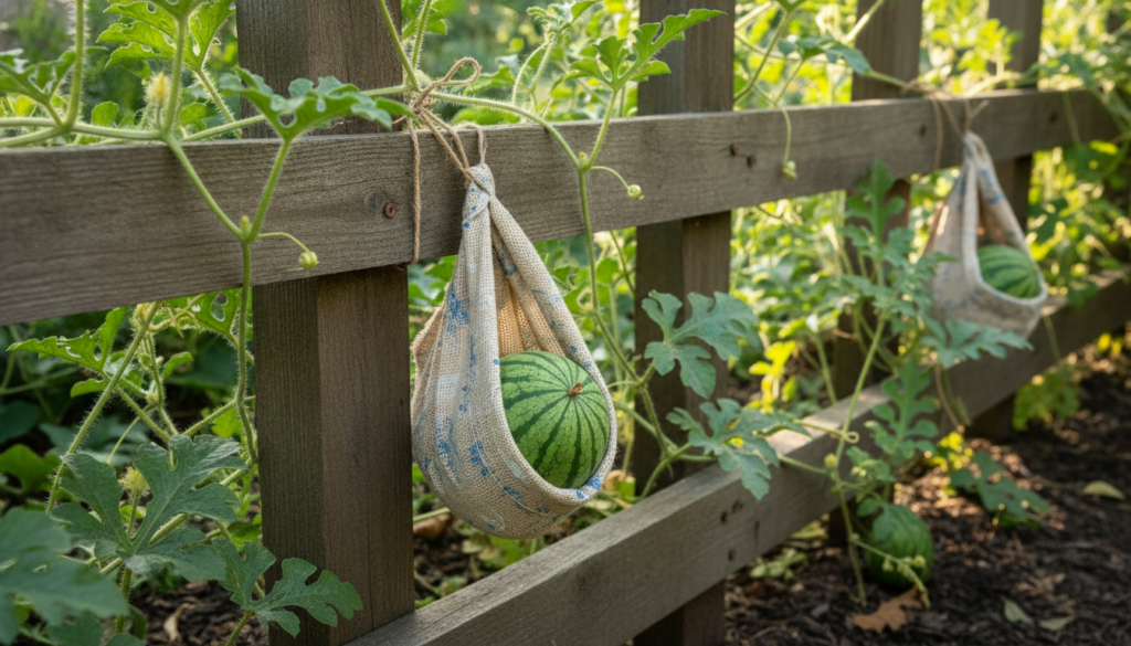 A small watermelon growing on a trellis supported by a fabric sling in a vertical garden setup