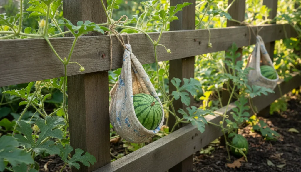A small watermelon growing on a trellis supported by a fabric sling in a vertical garden setup