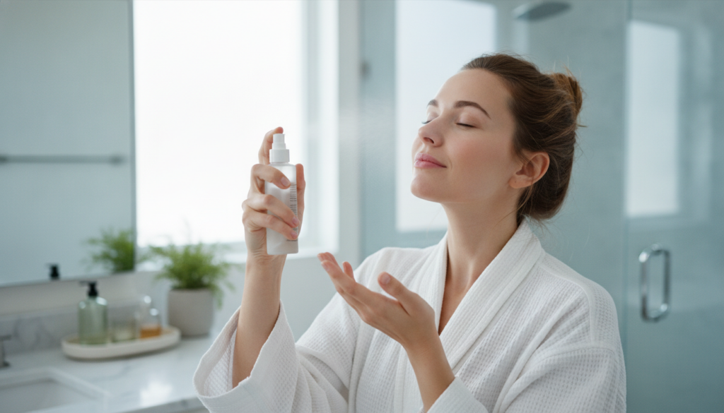 A woman gently spraying a toner onto her face with a soft focused expression in a well-lit bathroom setting