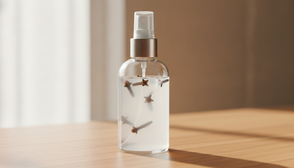 A close-up shot of a clear glass spray bottle filled with milky rice water and whole cloves inside placed on a wooden su