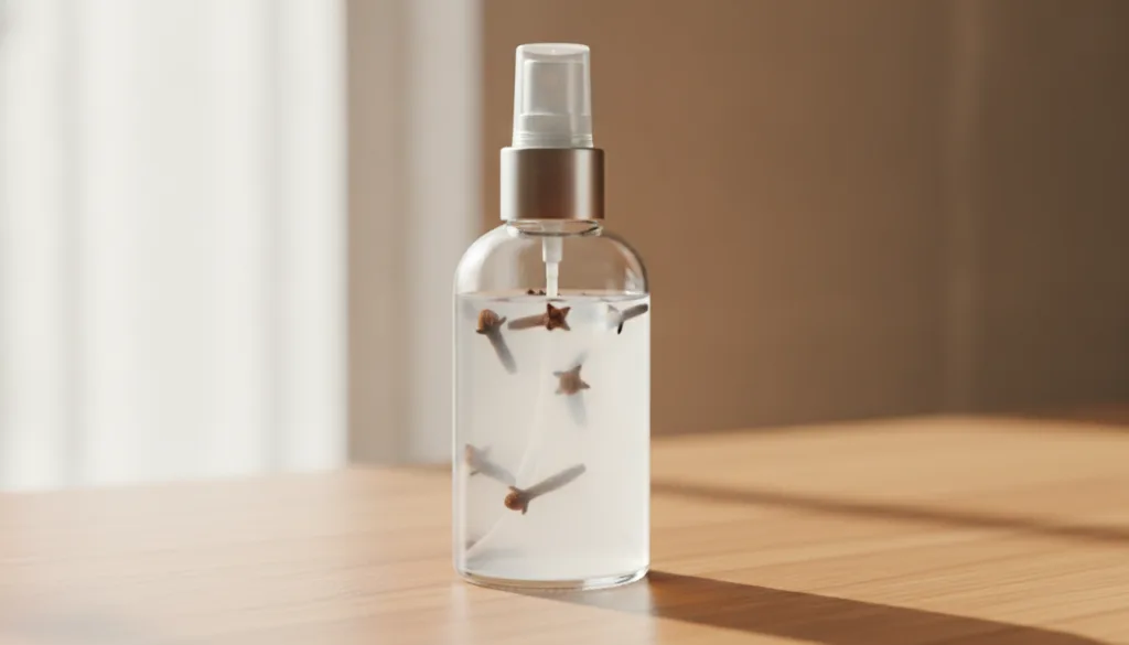 A close-up shot of a clear glass spray bottle filled with milky rice water and whole cloves inside placed on a wooden su