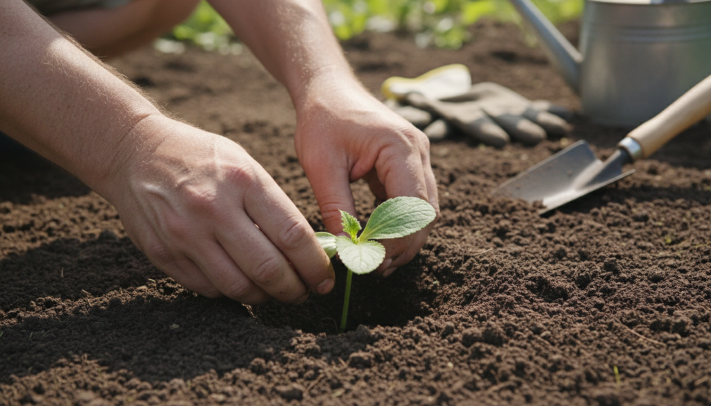 A gardener planting small zucchini seedlings in well-prepared garden soil hands gently placing the plant into the earth