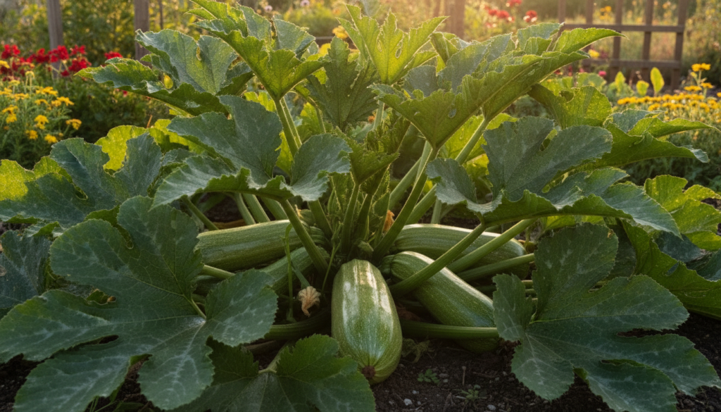 A large healthy zucchini plant in a garden with bright green leaves and several medium-sized zucchinis visible ready for