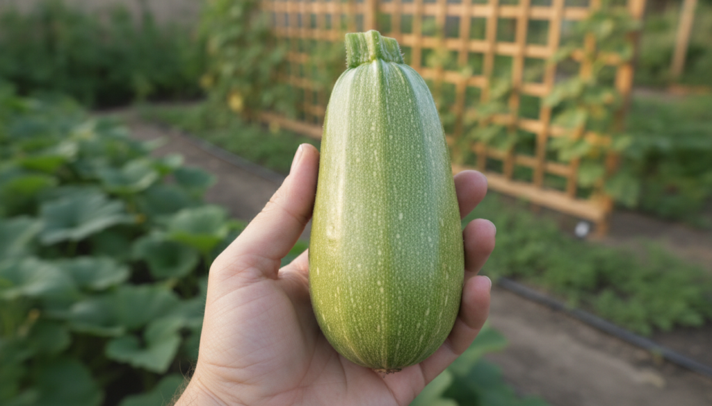 A hand holding a freshly harvested perfectly sized green zucchini with a garden background