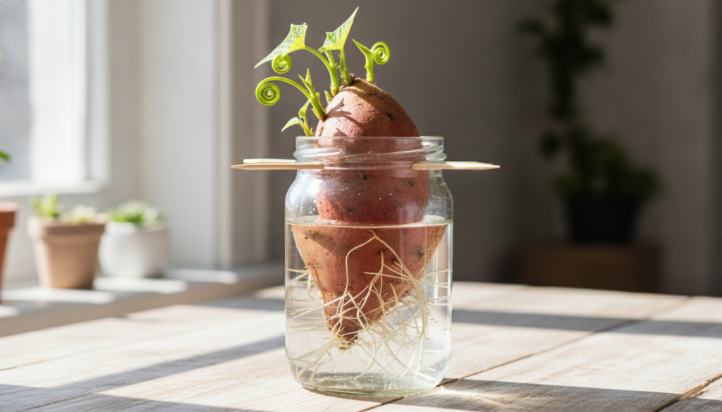 A sweet potato tuber partially submerged in a clear glass jar of water with toothpicks holding it in place Green sprouts