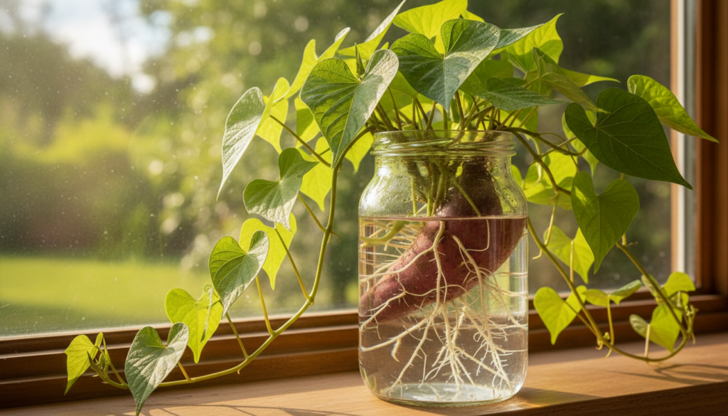 A beautiful lush sweet potato vine with long green stems and vibrant leaves trailing from a glass jar on a bright window