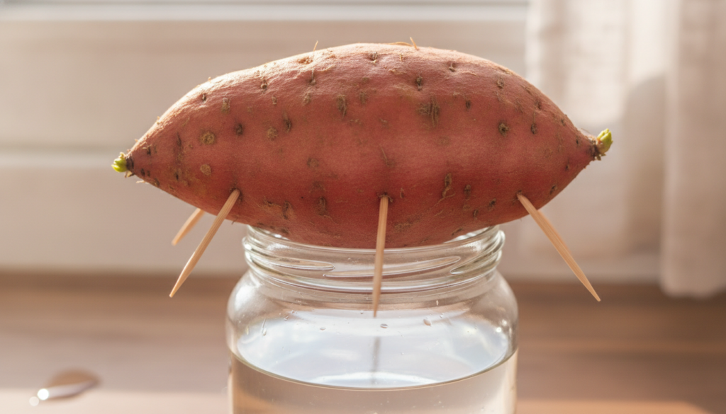 Close-up of a sweet potato with toothpicks inserted around its middle ready to be placed in water